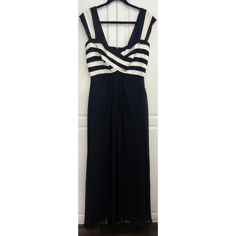 Tadashi Collection Black White Stripe Bodice Silk Maxi Dress Gown Size 12 NWT